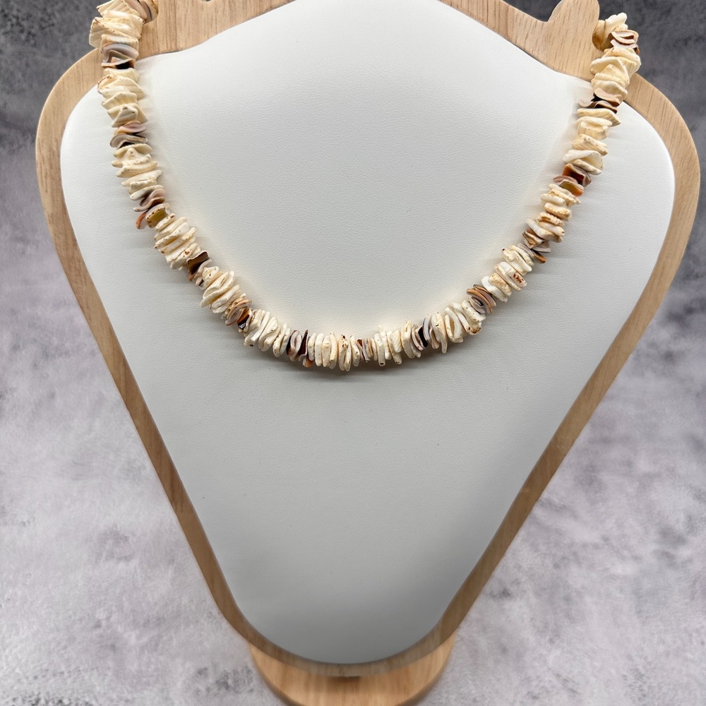 Natural Shell Chip Necklace Cream Brown Vintage Coastal Boho Statement Jewelry